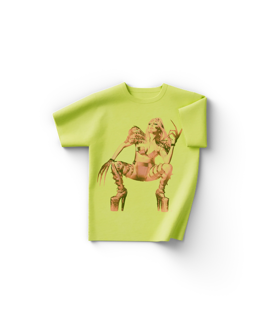 Lady Gaga Chromatica yellow t-shirt featuring front image of Gaga in sci-fi armor with claw heels

