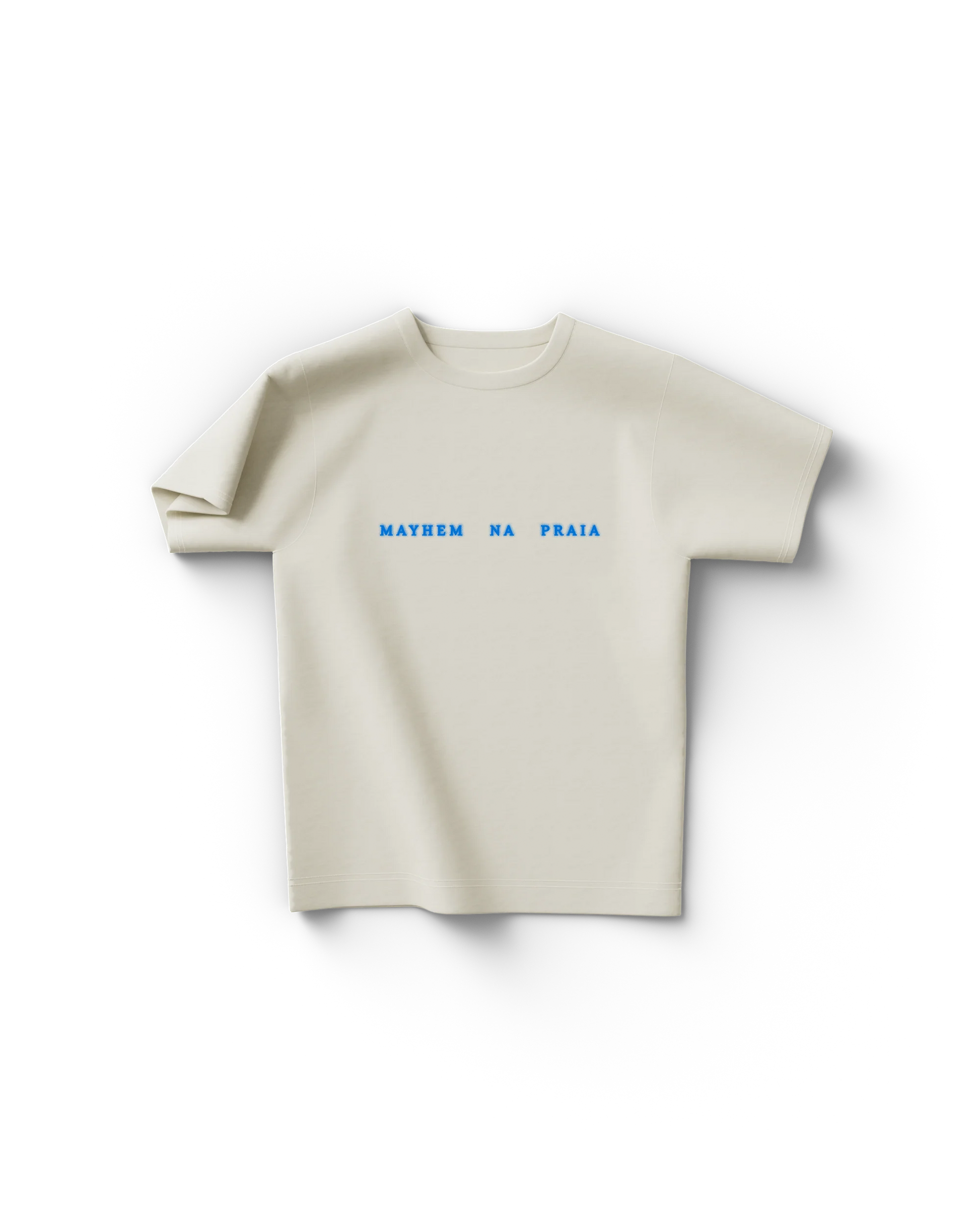 Cream Lady Gaga t-shirt with blue MAYHEM NA PRAIA tour text on chest