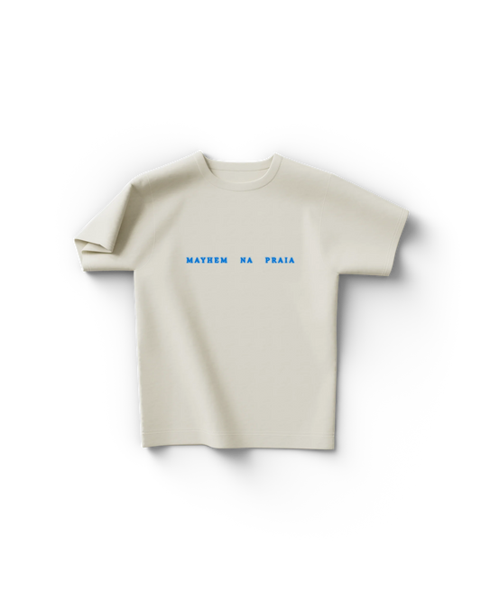 Cream Lady Gaga t-shirt with blue MAYHEM NA PRAIA tour text on chest