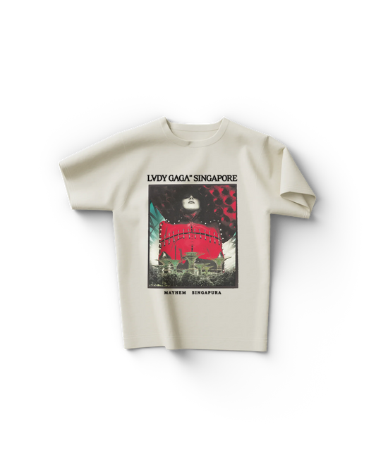 Cream Lady Gaga Singapore t-shirt with MAYHEM tour poster graphic featuring Gaga in red and futuristic cityscape

