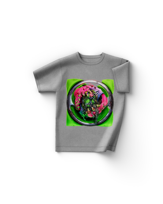 Gray Lady Gaga Dawn of Chromatica t-shirt with surreal digital green and pink alien-inspired artwork on front