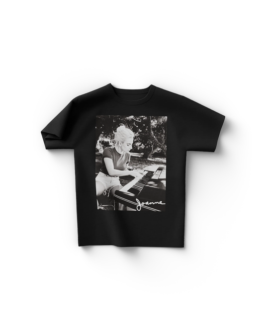 Black Lady Gaga Joanne piano t-shirt with black and white keyboard photo and signature graphic