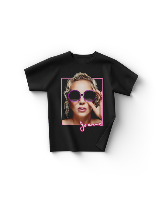Black Lady Gaga Joanne t-shirt with purple sunglasses portrait and pink handwritten signature

