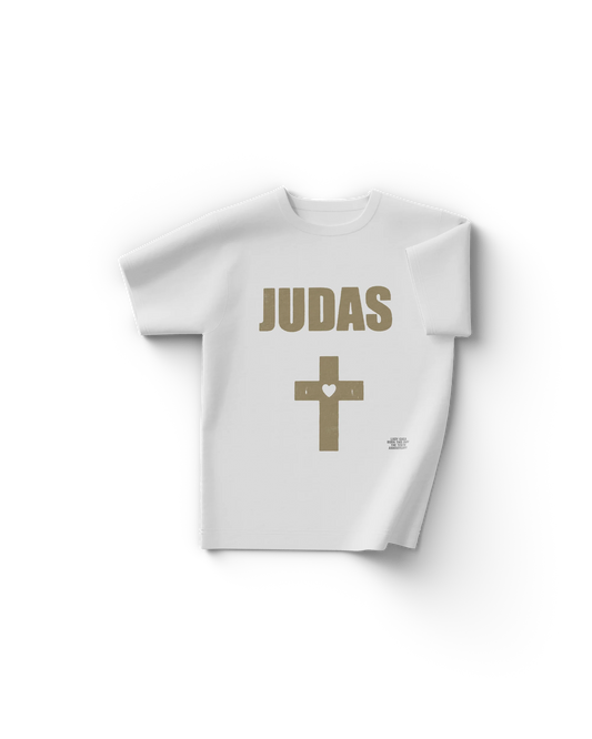 Lady Gaga Judas white t-shirt front with gold cross and bold Judas text from Born This Way era