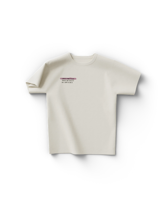 Cream Lady Gaga and Tony Bennett Love For Sale t-shirt with minimalist front text design in black and pink

