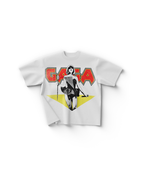 White oversized Lady Gaga t-shirt with black-and-white Gaga illustration, red metal-style GAGA text, and yellow graphic triangle

