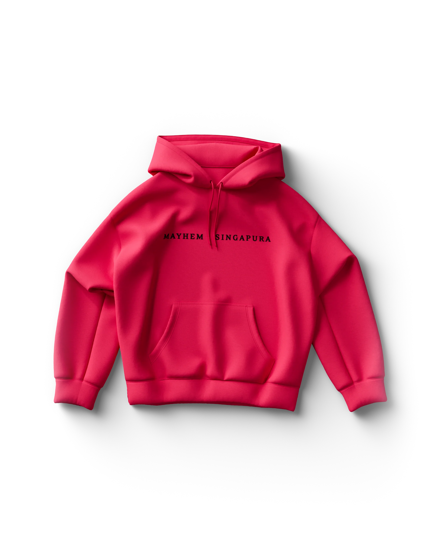 Hot pink Lady Gaga hoodie featuring minimalist black text that reads “MAYHEM SINGAPURA” across the chest. The clean, cropped design makes a bold statement while nodding to Gaga’s exclusive Singapore tour style.

