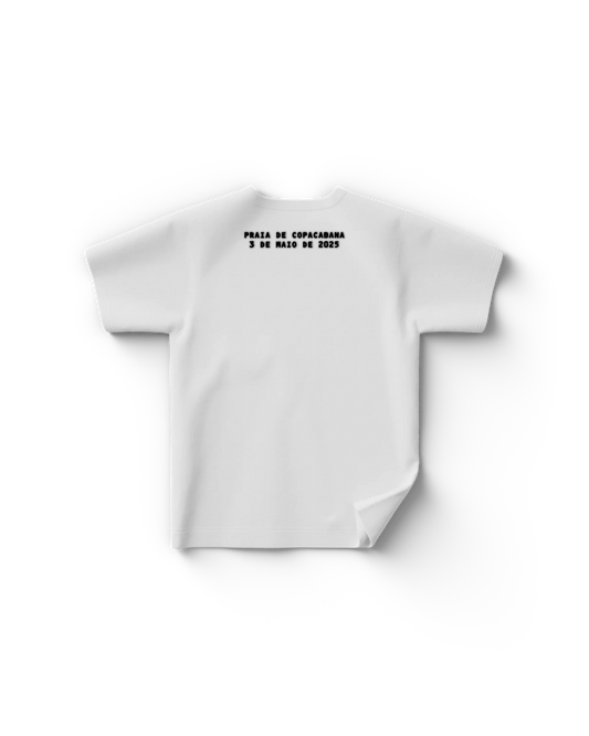 Back of white t-shirt with black stencil-style text that reads: “PRAIA DE COPACABANA – 3 DE MAIO DE 2025.” A minimal back print marking Gaga’s exclusive Rio beach concert date.