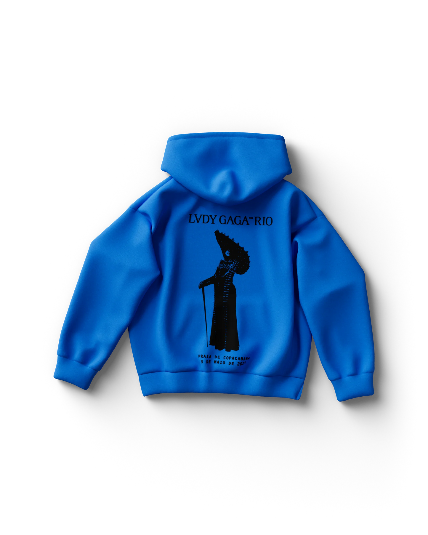 Back of bright blue Lady Gaga hoodie featuring a black silhouette of Gaga holding a cane beneath the text “LADY GAGA™ RIO.” Below, it reads “PRAIA DE COPACABANA – 3 DE MARÇO DE 2025,” referencing the beach concert date.


