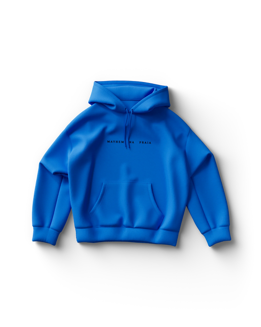 Electric blue Lady Gaga hoodie with minimalist black text that reads “MAYHEM NA PRAIA” centered across the chest. Clean and bold, it nods to Gaga’s Rio concert with Brazilian flair.

