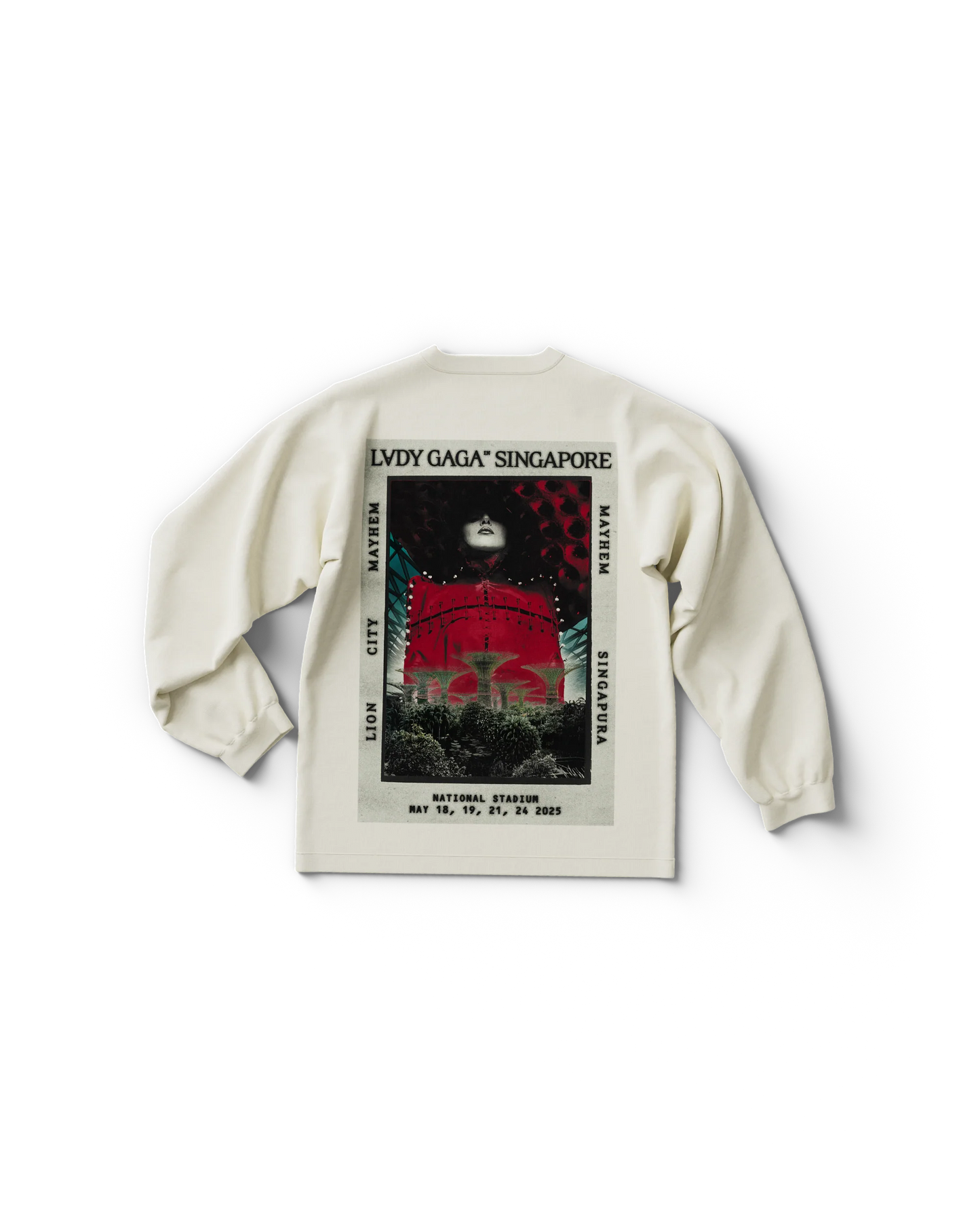 Back of white long sleeve Lady Gaga shirt featuring a bold red and black graphic of Singapore’s National Stadium with Gaga’s face overhead. Surrounded by “LION CITY,” “MAYHEM,” and “SINGAPURA” text, plus May 18, 19, 21, and 24, 2025 tour dates printed at the bottom.

