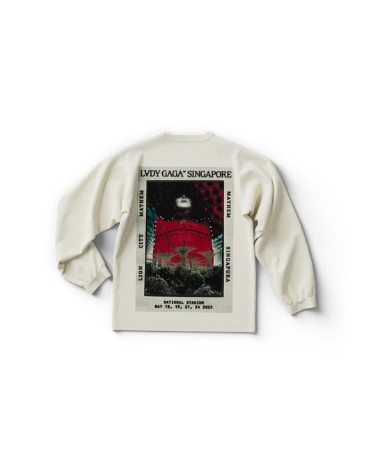 Back of white long sleeve Lady Gaga shirt featuring a bold red and black graphic of Singapore’s National Stadium with Gaga’s face overhead. Surrounded by “LION CITY,” “MAYHEM,” and “SINGAPURA” text, plus May 18, 19, 21, and 24, 2025 tour dates printed at the bottom.

