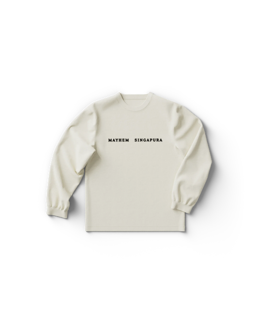 White long sleeve Lady Gaga shirt with minimalist black text reading “MAYHEM SINGAPURA” across the chest. Clean and modern design inspired by Gaga’s 2025 Singapore tour aesthetic.

