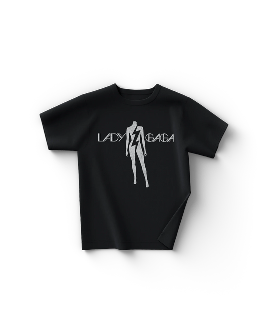Black Lady Gaga The Fame t-shirt with silver lightning bolt silhouette graphic and stylized logo text