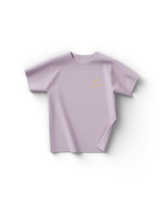 Light purple Lady Gaga t-shirt with small yellow “Love for Sale” signature by Lady Gaga and Tony Bennett on chest