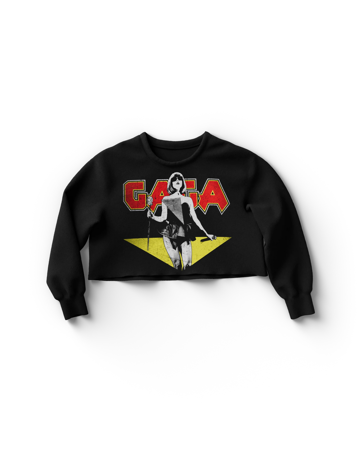 Black cropped Lady Gaga crewneck with vintage-style red GAGA lettering and Gaga holding mic and cane over yellow triangle
