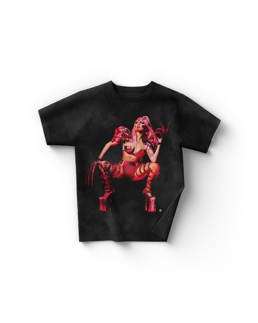 Black Lady Gaga t-shirt with Chromatica-themed image of Gaga in red futuristic outfit and platform boots