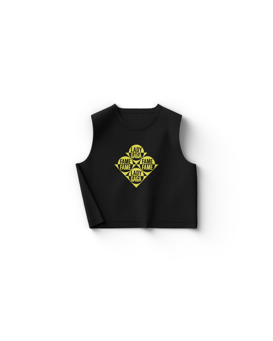 Black cropped Lady Gaga tank top with stacked yellow The Fame hazard-style logo in diamond shape