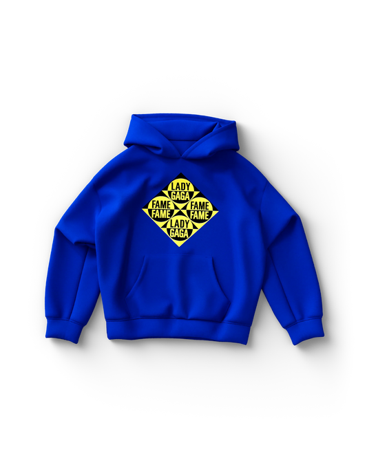 Electric blue Lady Gaga hoodie with yellow hazard-style “The Fame” logo on chest