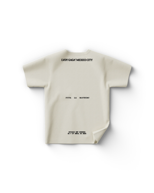 White Lady Gaga Mexico City Chromatica Ball t-shirt with Viva La Mayhem and tour date text on back